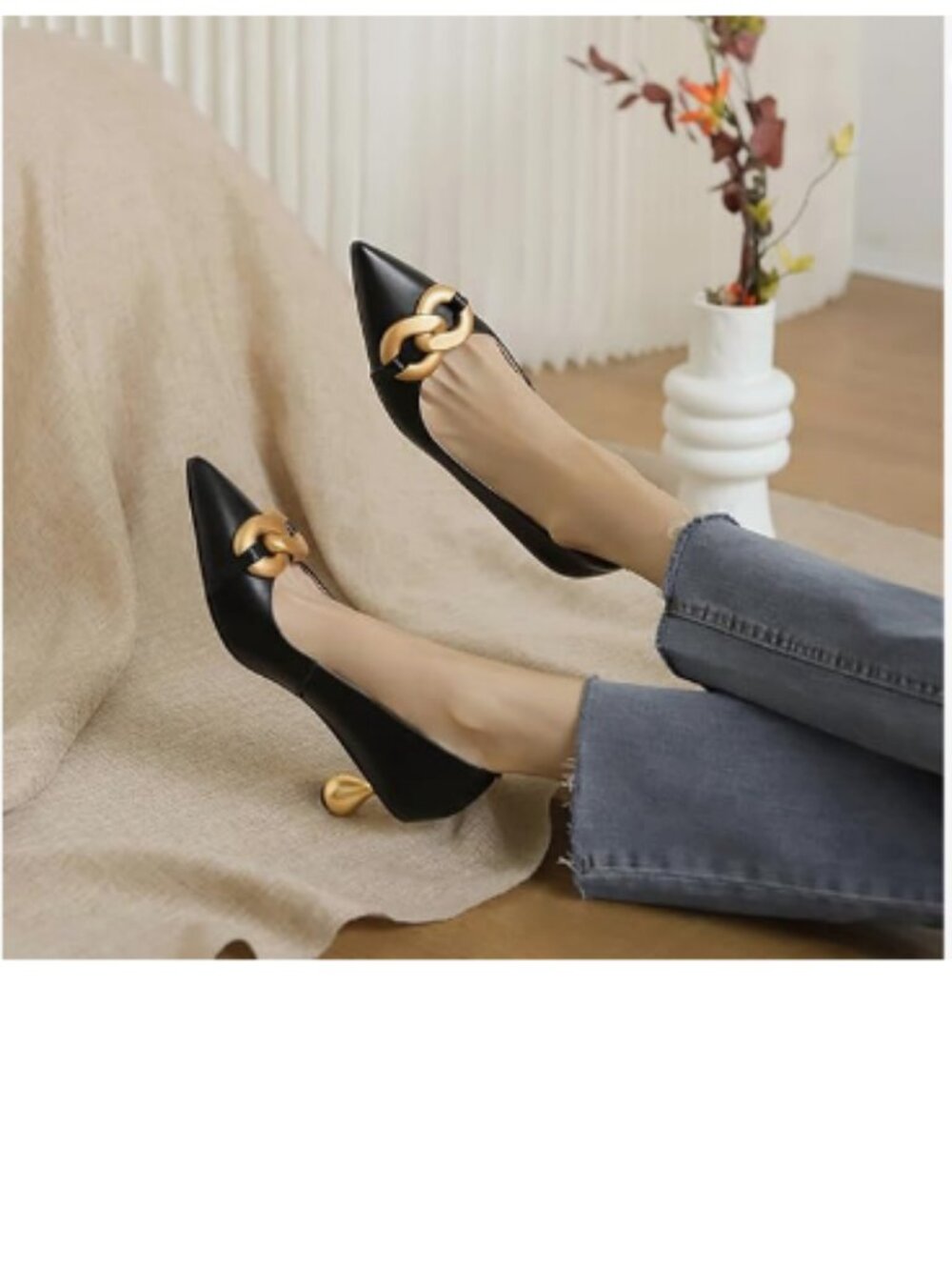 XYD Black Low Heel Closed Pointed Toe with Metal Chain Solid Golden Heeled Pumps